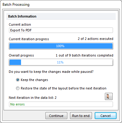 Figure 20.32 Batch Processing Progress Window showing the options that are available between iterations.