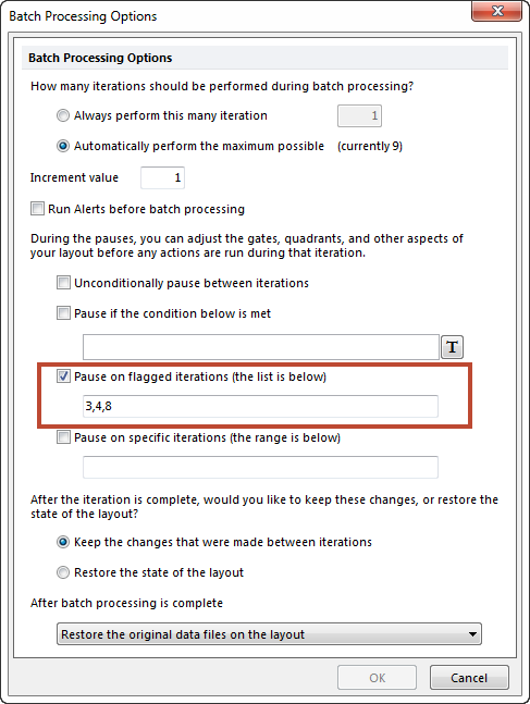 Figure 20.42 Batch Processing Options Showing Pause for Flagged Iterations.