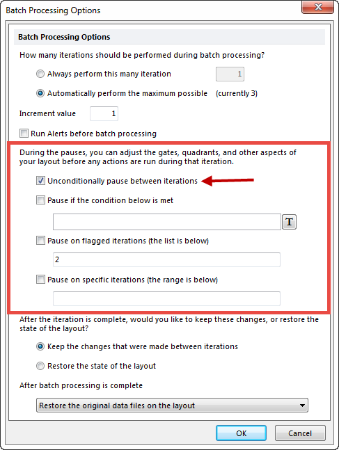 Figure 13 - Batch Processing Options - Unconditionally Pause Between Iterations