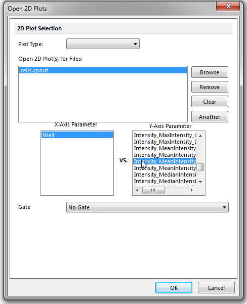 Figure T24.10  Opening a Heat Map and Choosing the Y-Axis Parameter from the Open 2D Plots Dialog