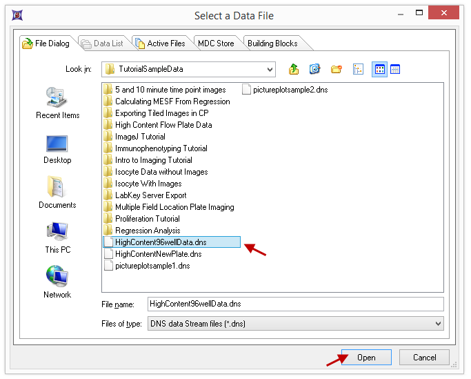 Figure T18.18  Choosing the HighContent96wellData.dns File