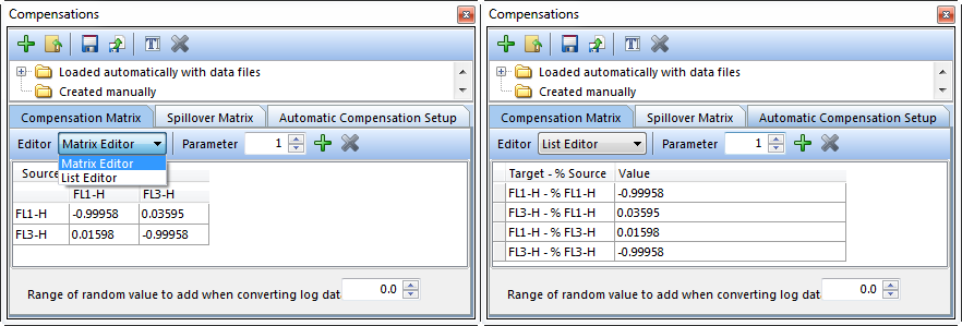 Figure 16.3  Compensations Navigator showing available tabs. Matrix Editor View (left) and List Editor View (right).