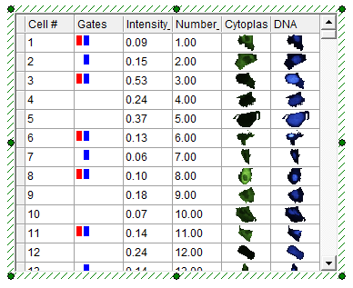 Figure T26.23  Data Grid Displaying Dot Plot and Picture Plot Gates as Colored Rectangular Boxes