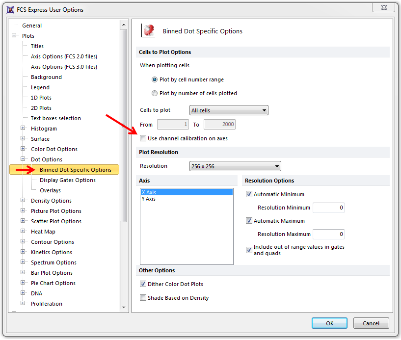 Figure T23.12 FCS Express User Options Dialog -- Unselecting Use channel calibration on axes for 2D Dot Plots 