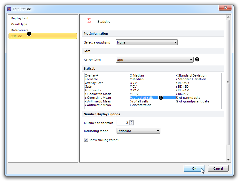 Figure 35.  Choosing the gate and statistic for the token being inserted in the Custom Data Grid