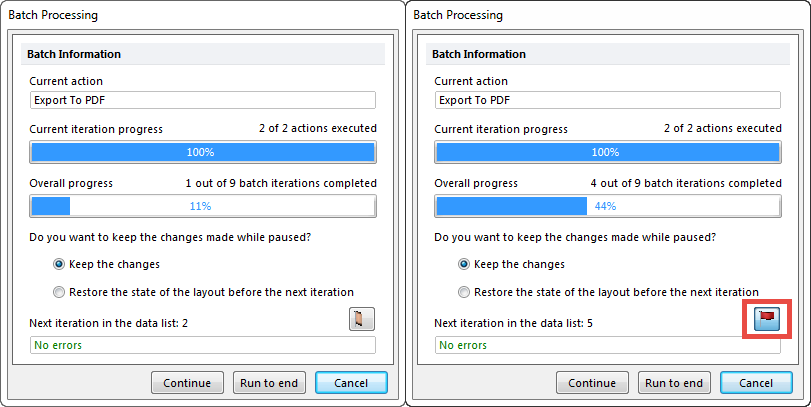 Figure 20.37 An Iteration during Batch Processing that is Unflagged (Left) and Flagged (Right).