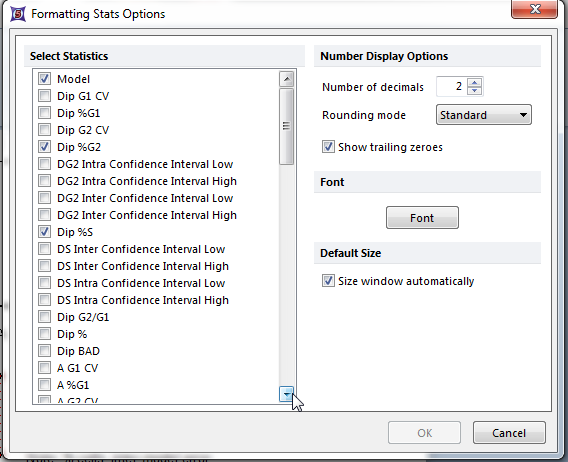 Figure T19.18  Formatting Stats Options Dialog for DNA Model Summary Statistics