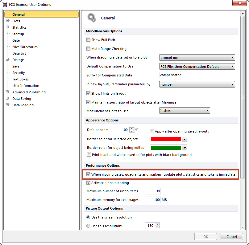 Figure 9.2 The option to enable or disable "real time gating" is controlled by the When moving gates, quadrants and markers, update plots, statistics and tokens immediately check box. 