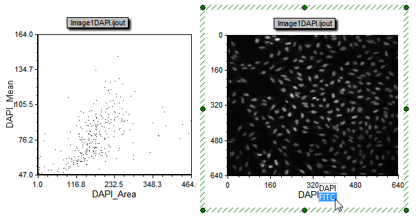 Figure T28.115 A dot plot and picture plot created from the .ijout files that were exported using the .ijx analysis configuration file. Since there are multiple channels you can change the axis of the picture plot to choose which channel to view.