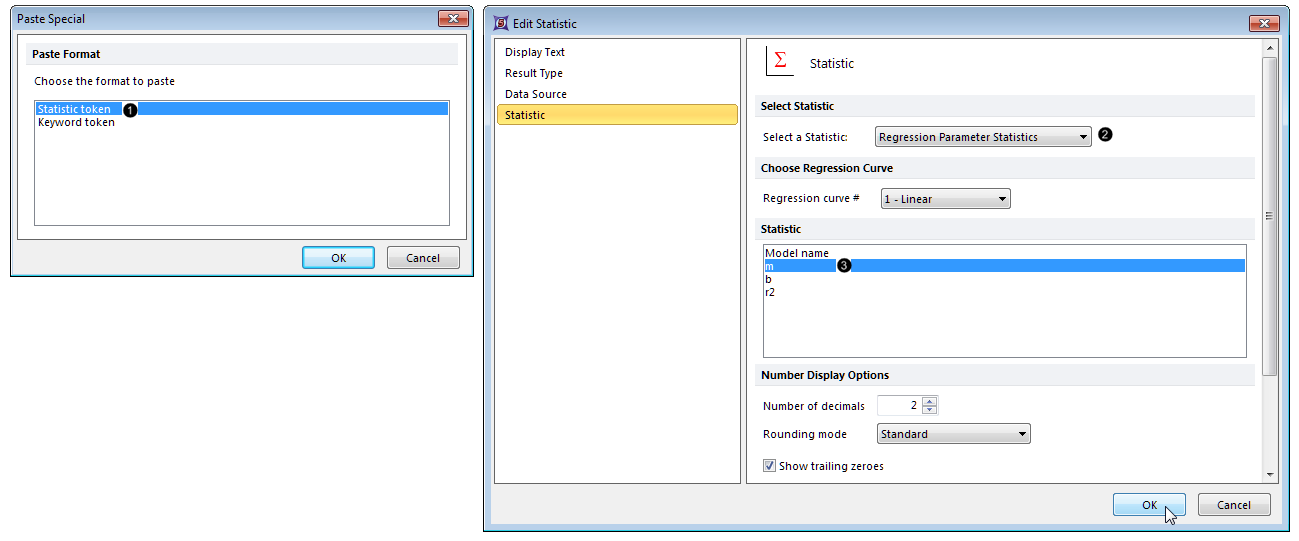 Figure 27.11 Inserting a regression parameter token as a component of the linear regression fit custom token