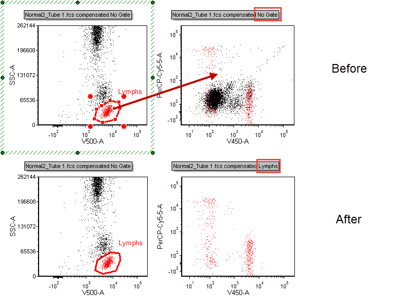 Figure T10.22 - Before and After Dragging and Dropping the Lymphs Gate