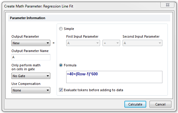 Figure T27.15  Defining Parameter Math for Column A in the Regression Line Fit Custom Data