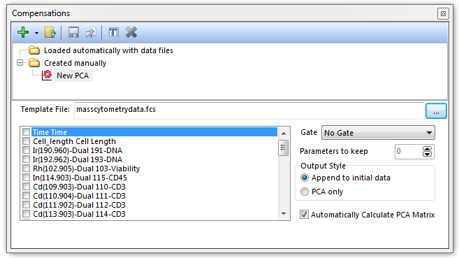 Figure 16.24 A template file has been chosen which subsequently populates the list of possible parameters to perform a PCA transformation.
