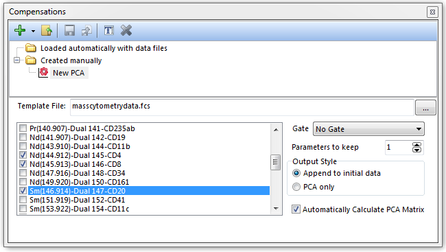 Figure 16.25 Parameters for the PCA transformation are selected by checking the boxes next to the parameter names.