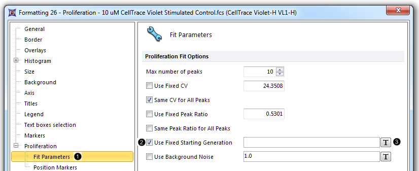 Figure T20.6 Adjusting proliferation fit parameters in the formatting dialog.