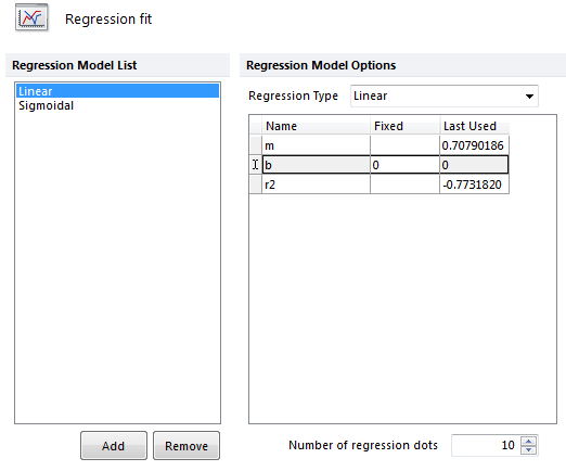 Fig. 11.38 Regression Model Options with a Linear and Sigmoidal fit added to the Regression Model List for comparison. Parameters for the regression model are displayed on the right and a fixed parameter may be typed in the Fixed column. Note in the example that the line was forced through zero by adding a fixed value of "0" to the column.