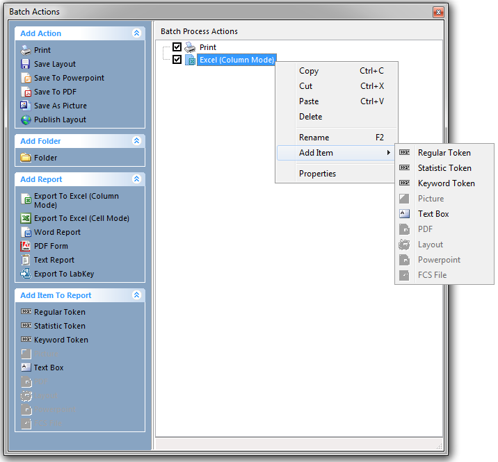 Figure 20.26) Adding items to a batch action by right clicking on the action.