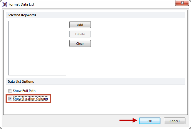 Figure 20.39 Choosing to Show the Iteration Column within the Data List.