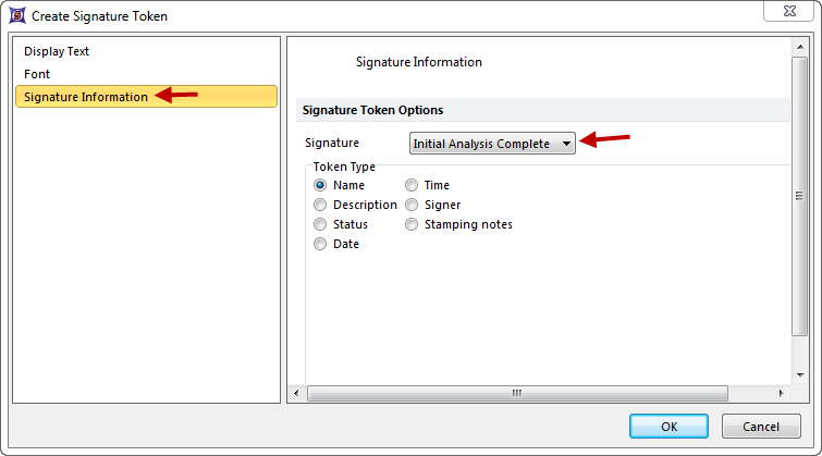 Figure 33.11 Signature information in the Create Signature Token window.