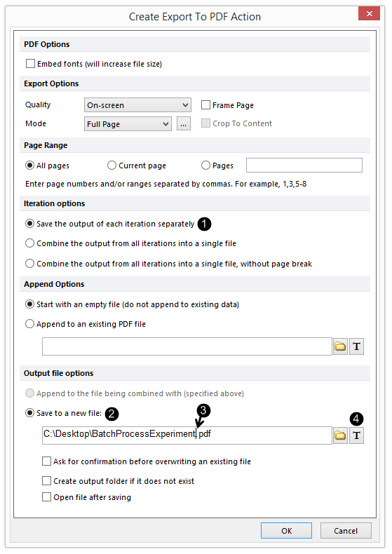 FIgure T18.32a - The Create Export to PDF Action window