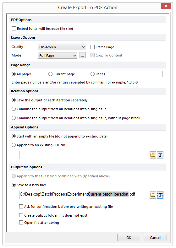 Figure T18.32c - Create Export To PDF Action Dialog