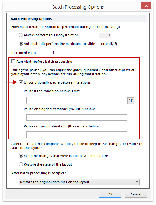 Figure 13 - Batch Processing Options - Unconditionally Pause Between Iterations