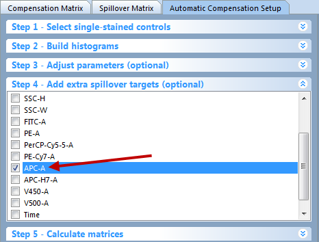 Figure 16.15 The Add extra spillover targets (optional) dialog. Checking a box will calculate the spillover for targets that have no source.