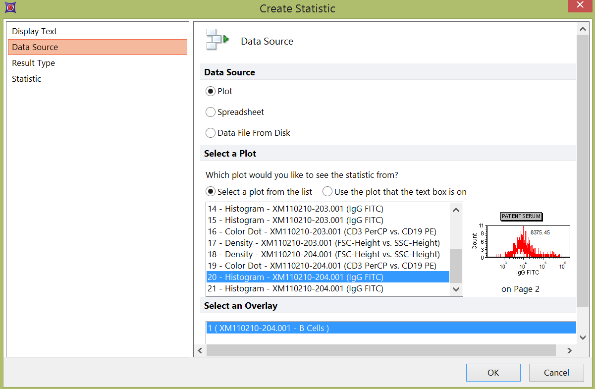 Figure 15.25a - Create Statistic Dialog, Selecting a Token from the appropriate histogram.