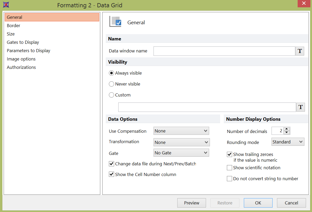 Figure 8.110 Formatting general options for Data Grids and Custom Data Grids
