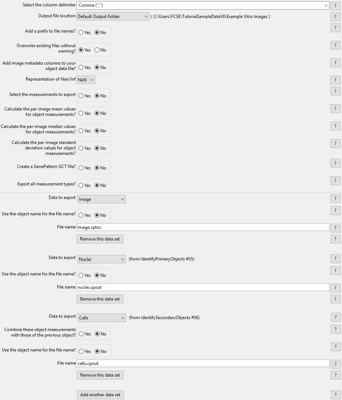 Figure T24.5  ExportToSpreadsheet Module Set Up to Export Image.cptoc, nuclei.cpout, and cells.cpout