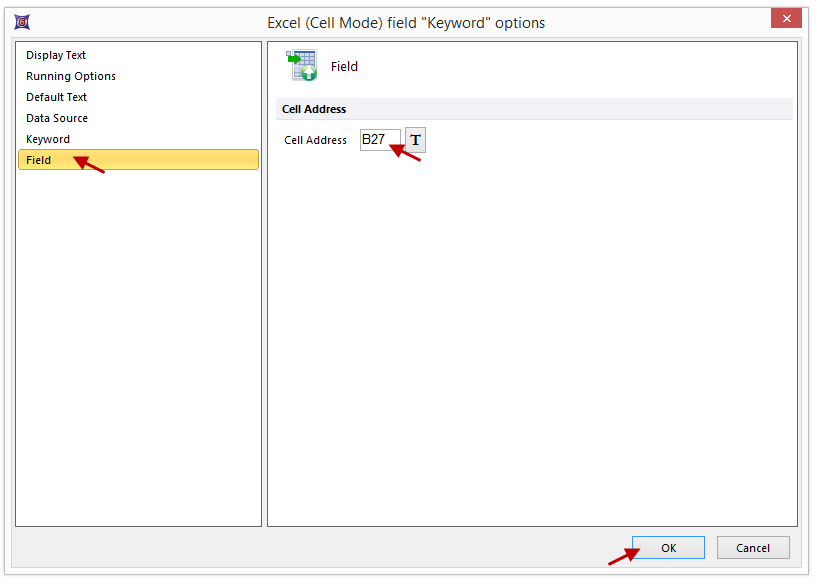 Figure T9.19  Setting the Excel Report Cell Address