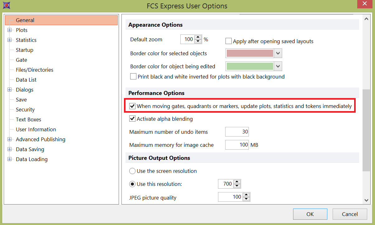 Figure 9.2 The option to enable or disable "real time gating" is controlled by the When moving gates, quadrants and markers, update plots, statistics and tokens immediately check box. 