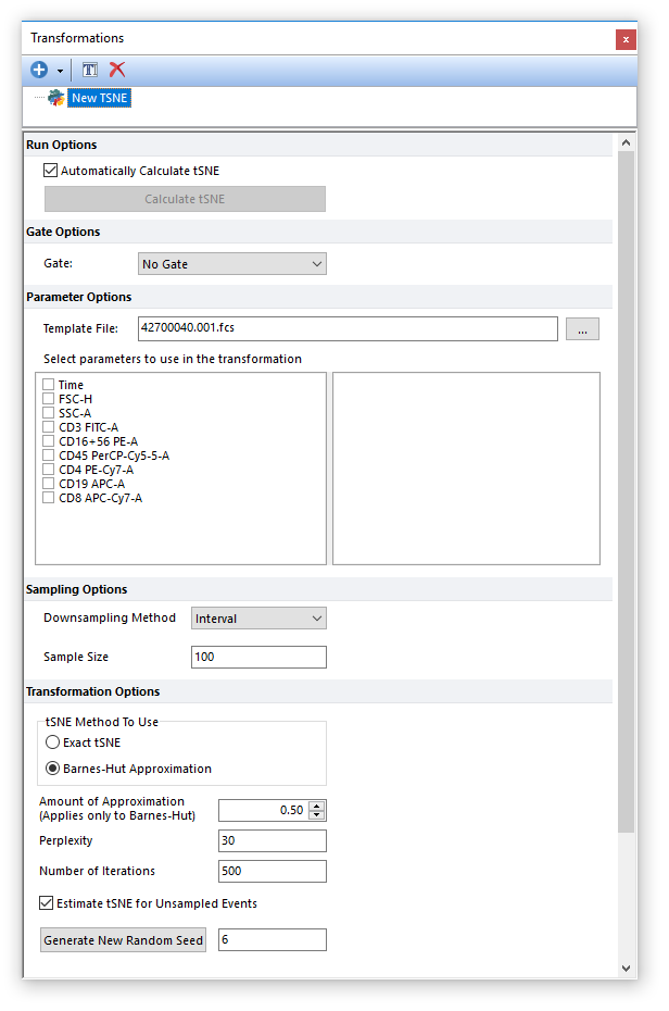 Figure 29.62 When a template file is selected, the possible parameters to perform a tSNE transformation are automatically listed in the tSNE dialog.