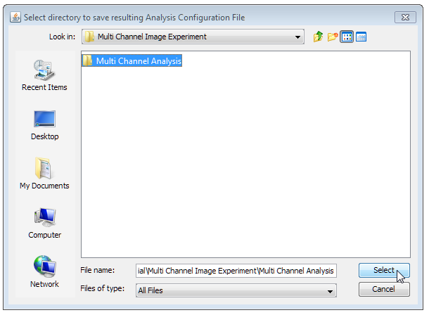 Figure T28.107 Selecting the Multi Channel Analysis folder directory which contains our images for the Analysis Configuration file.
