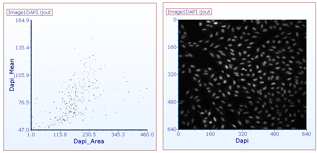 Figure T28.115 A dot plot and picture plot created from the .ijout files that were exported using the .ijx analysis configuration file. Since there are multiple channels you can change the axis of the picture plot to choose which channel to view.