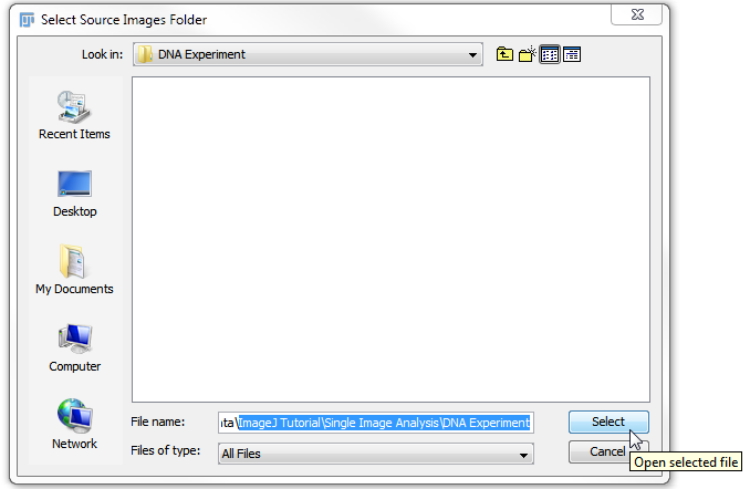 Figure T28.99 Selecting the DNA Experiment folder which contains our images of interest and pressing select.
