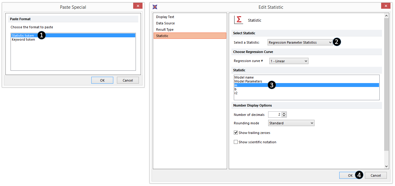 Figure 27.11 Inserting a regression parameter token as a component of the linear regression fit custom token