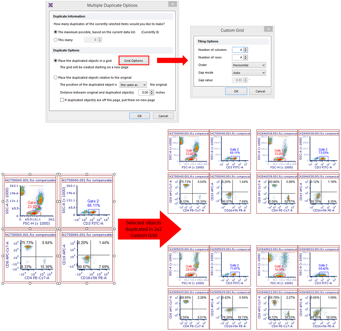 Figure 3.10 Multiple Duplicate Options (top), including Custom Grid Tiling Options (top right), and an example of selected objects Multiple Duplicated with the pictured options (bottom).