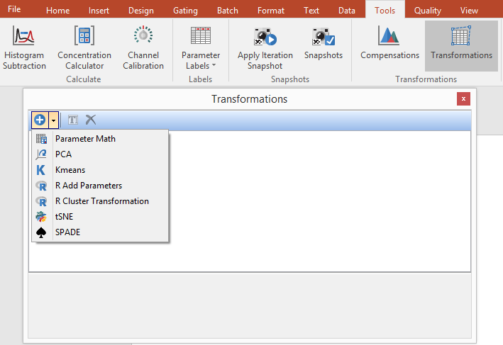 Figure 29.1 - The transformations navigator in FCS Express. Clicking on the down arrow next to the blue plus button allows access to a variety of transformations. 