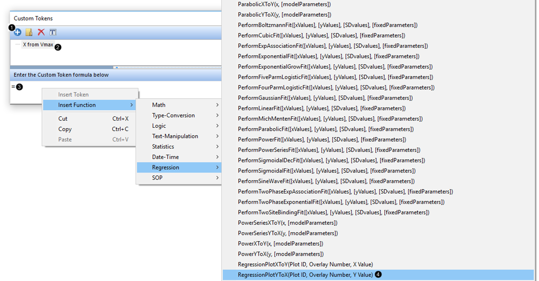 Figure T17.25.  Inserting a Custom Token function to interpolate X from Y from the regression
