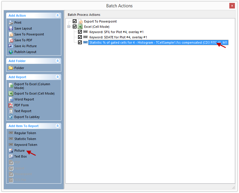 Figure T9.26  Batch Actions with Statistic % of Gated Cells to be Exported to Excel