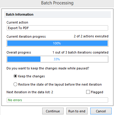 Figure 20.41 Batch Processing Progress Window showing the options that are available between iterations.