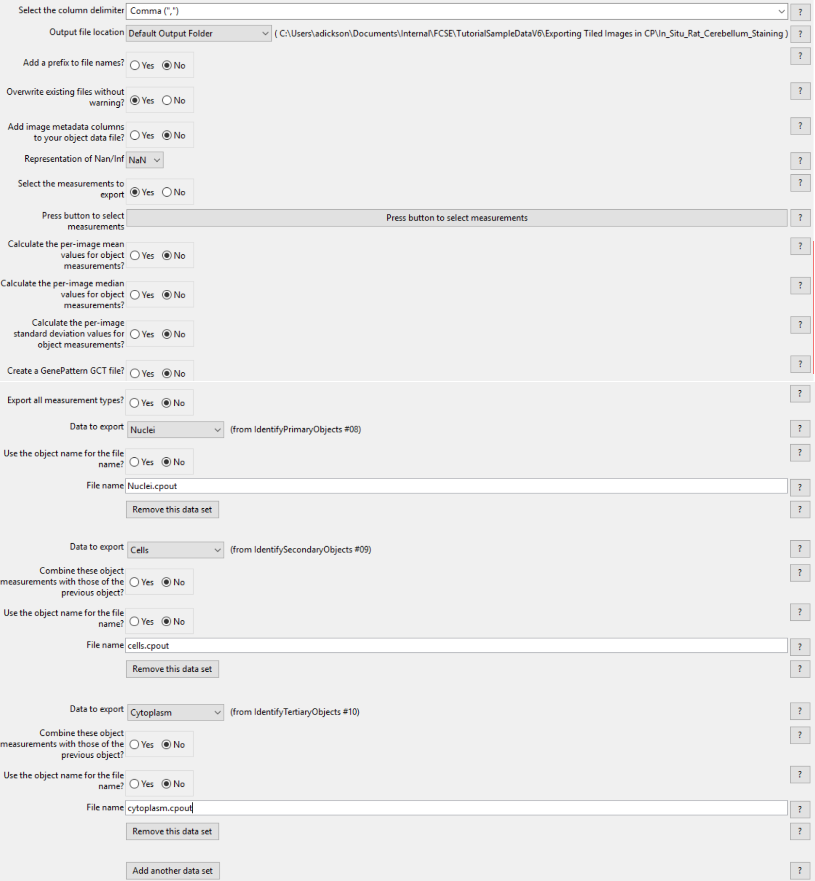 Figure T24.46 The second ExportToSpreadsheet Module Set Up to Export  nuclei.cpout,  cells.cpout, and cytoplasm.cpout.