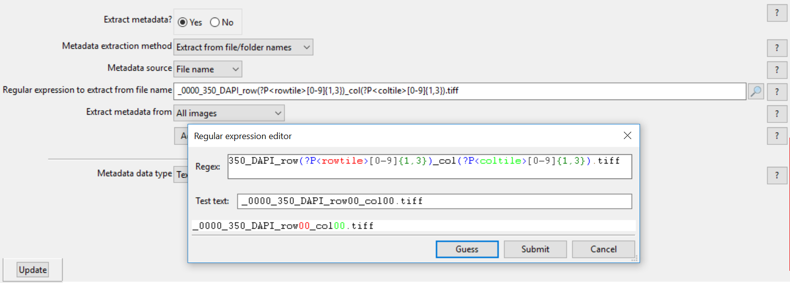 Figure T24.43  Setting up a Regular Expression in the LoadImages Module for a tiled image experiment.