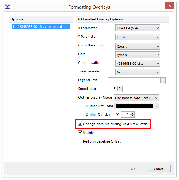 Figure 20.8 - Example of Formatting dialog for 2D plots in which the Change data file during Next/Prev/Batch option is selected. The same option is available for histograms and Tokens.