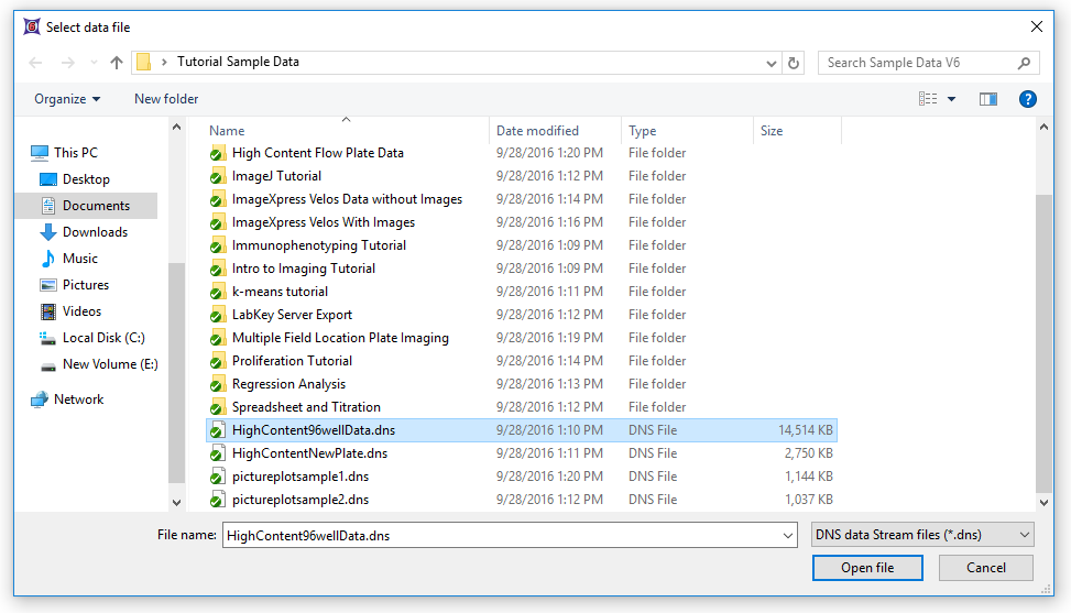 Figure T18.18  Choosing the HighContent96wellData.dns file