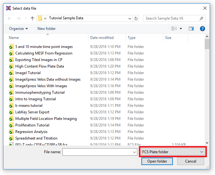 Figure T18.1  Choosing FCS Plate Folder from the Files of Type: Drop-down List