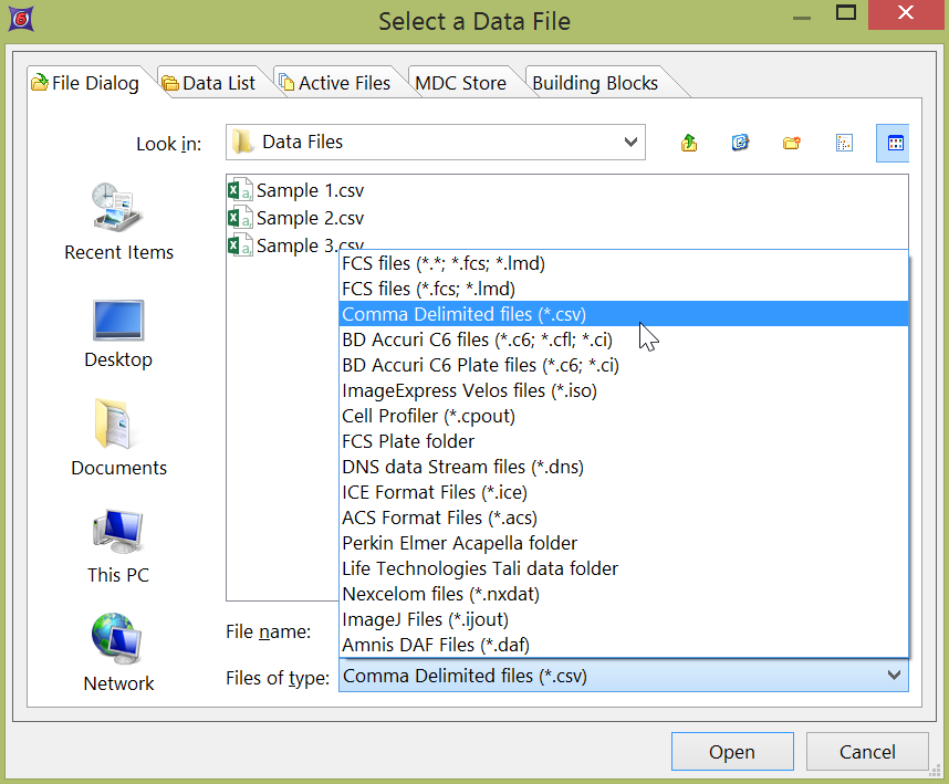  Figure 24.8 - Choosing the Comma Delimited files (*.csv) file type in the select a data file dialog.