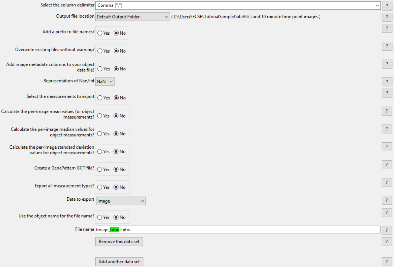 Figure T24.39 The first ExportToSpreadsheet module after the Data to export Nuceli and Cells has been removed.
