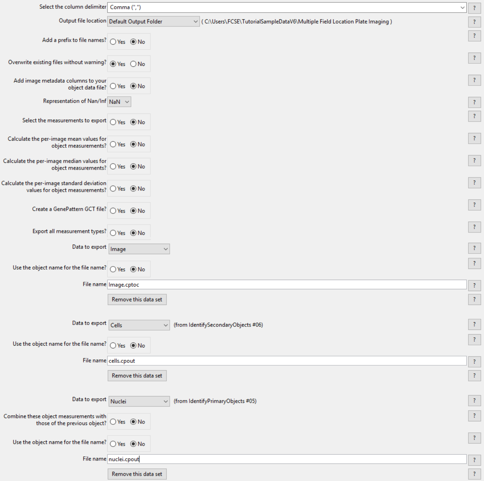 Figure T24.58 The ExportToSpreadsheet Module Set Up to Export image.cptoc, nuclei.cpout and cells.cpout.